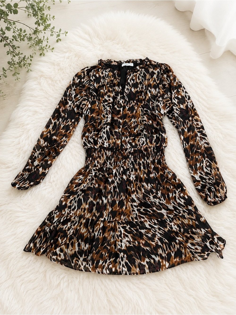 Socialite Leopard Print Long Sleeve Smocked Waist Dress - Brown/Black/White